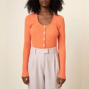 FRNCH Samantha Knit Cardi Ribbed Button-Front‎ Scoop Neck Top - Coral Orange